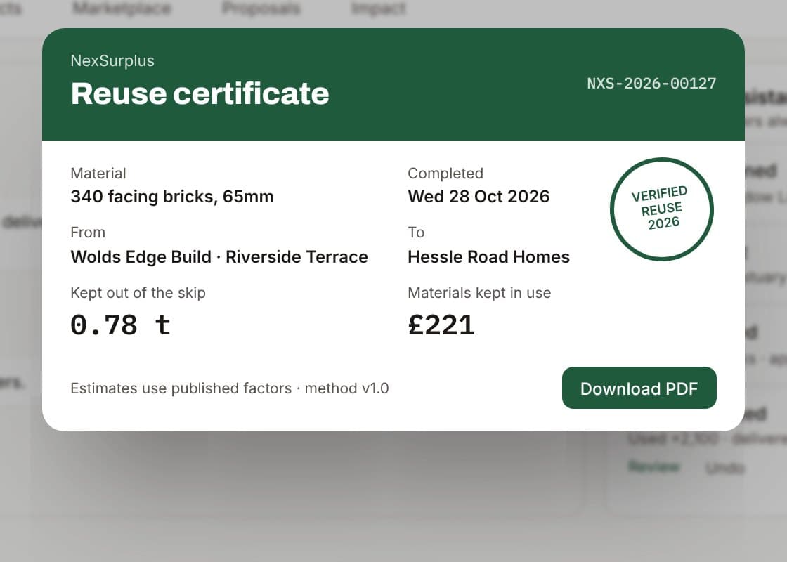 Reuse certificate for 340 facing bricks, 0.78 tonnes kept out of the skip.