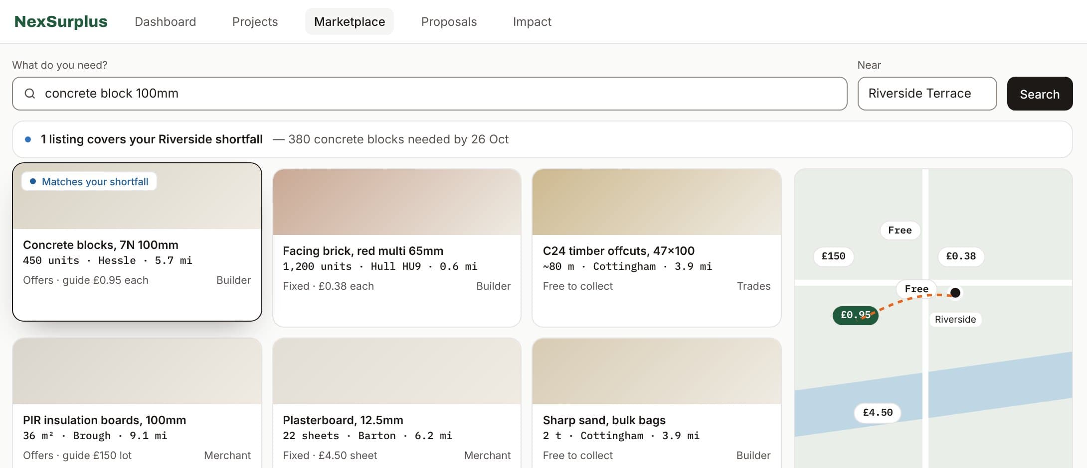 Marketplace search for concrete block 100mm, showing nearby listings and a map.