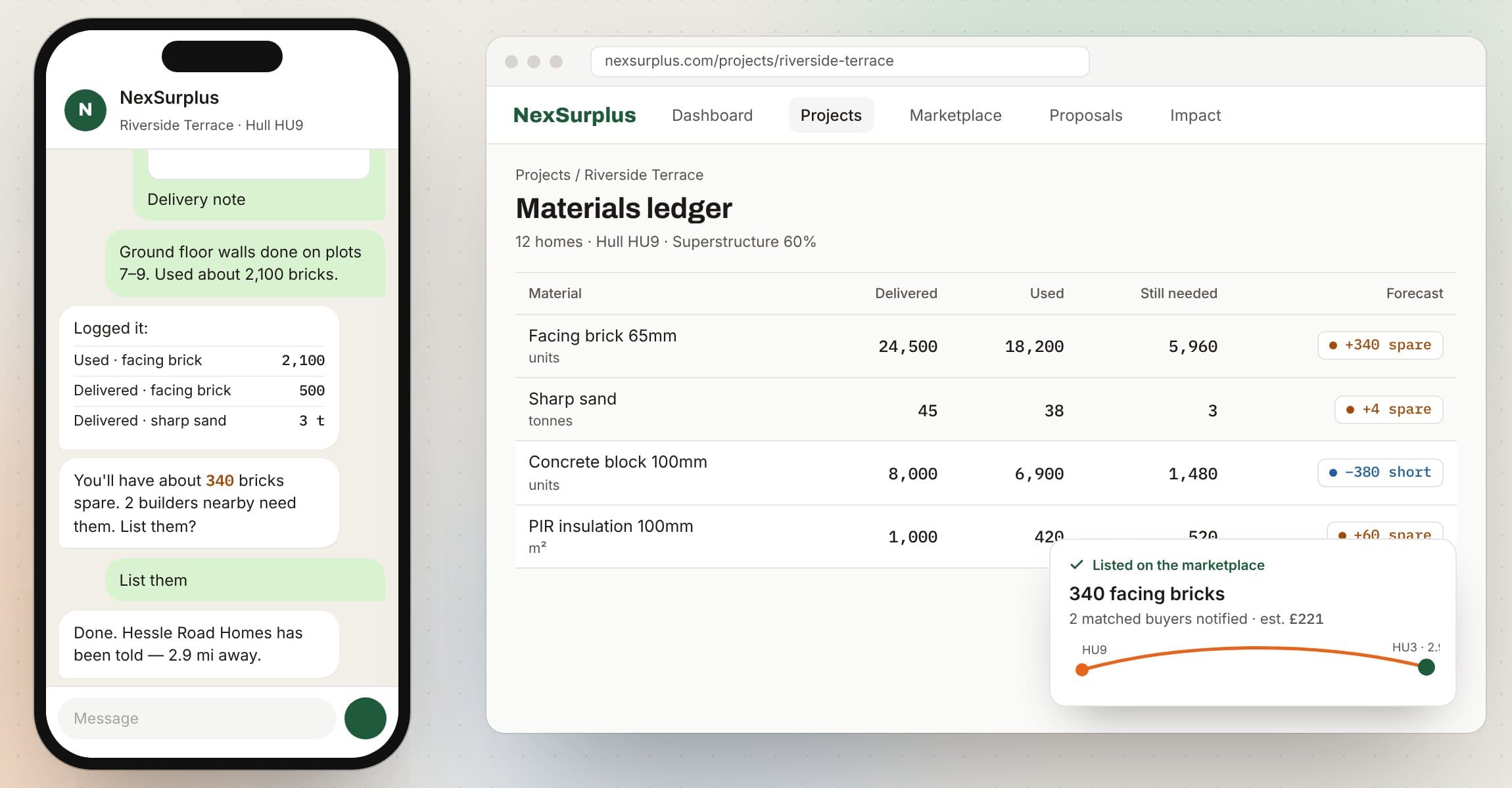A WhatsApp check-in on the left logging 2,100 bricks used, and the materials ledger on the right now showing 340 facing bricks spare.
